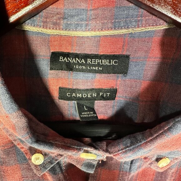 Banana Republic Shirt Mens Large Camden Fit Red Blue Linen Check Button Down - Picture 4 of 8
